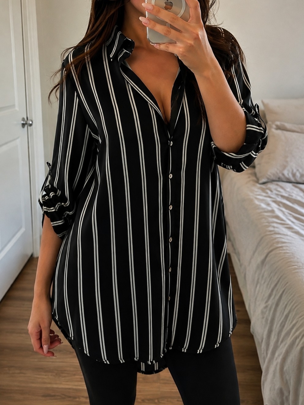 Maxi Striped Button-Down Tunic Top - Black/White Sz L